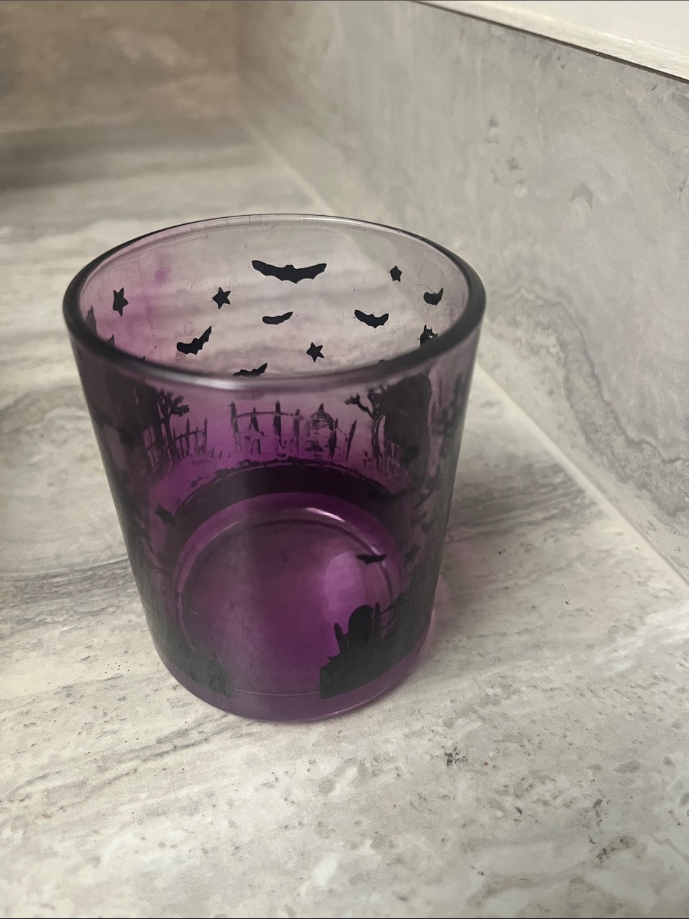 Halloween Haunted House Purple Glass Votive Candle Holder - Picture 2 of 4